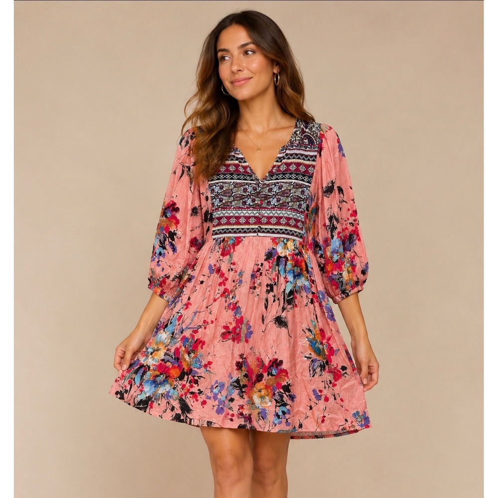 Umgee USA Floral Boho Babydoll Tunic Dress Size M Colorful Flowy